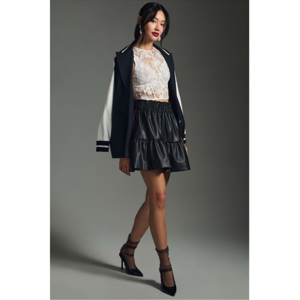 Anthropologie Somerset Faux Leather Black Mini Skirt Smocked Medium NWT - Picture 7 of 8